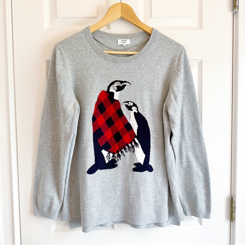 Crown & Ivy Penguin Christmas Sweater XL Gray Buffalo Plaid Sequin Cotton